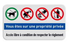 Panneau combiné - Propriété privée - Chien en laisse - Excréments de chiens interdit - Jet de détritus interdit