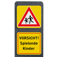 Pfosten aus Recyclingkunststoff mit 2 reflektierender Schilder - VORSICHT! Spielende Kinder