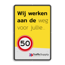 Mottobord - Wij werken aan de weg voor jullie met logo