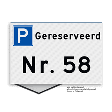 Vlak parkeerplaatsbord 300x200mm Gereserveerd met huisnummer