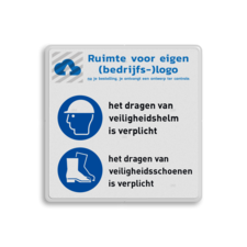 Veiligheidsbord met veiligheidsinstructies | Veiligheidshelm en schoenen zijn verplicht