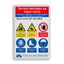 Veiligheidsbord voor terrein met logo en 6 pictogrammen