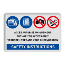 Veiligheidsbord 3 talig met 4 pictogrammen, eigen tekst en SAFETY INSTRUCTIONS