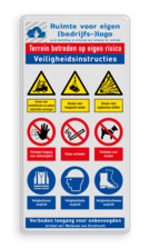 Veiligheidsbord met logo, veiligheidsinstructies en 9 pictogrammen