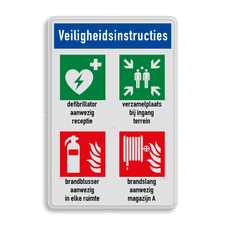 Veiligheidsbord met veiligheidsinstructies en 4 pictogrammen en eigen tekst