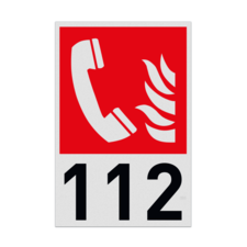 Brand bord met pictogram Telefoon voor brandalarm met nummer 112