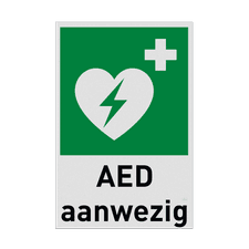 BHV Reddingsbord met symbool en tekst AED aanwezig