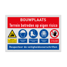 Bouwplaatsbord met diverse PBM veiligheidsinstructies