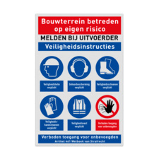 Bouwplaatsbord met PBM veiligheidsinstructies en 6 pictogrammen