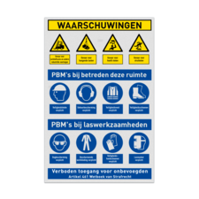 Veiligheidsbord voor werkplaats met PBM veiligheidsinstructies en 12 pictogrammen