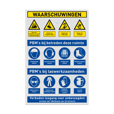 Veiligheidsbord voor werkplaats met PBM veiligheidsinstructies en 12 pictogrammen