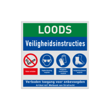 Veiligheidsbord voor loods met veiligheidsinstructies en PBM pictogrammen