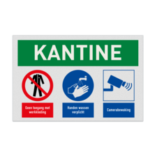 Veiligheidsbord voor kantine met pictogram werkkleding verboden, handen wassen verplicht