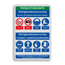 Veiligheidsbord voor productieafdeling met veiligheidsinstructies en 8 PBM pictogrammen