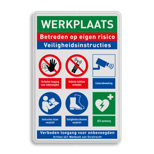 Veiligheidsbord voor werkplaats met veiligheidsinstructies en PBM pictogrammen