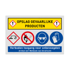 Veiligheidsbord opslag gevaarlijke stoffen met 4 pictogrammen