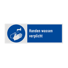 Gebodsbord met pictogram en tekst Handen wassen verplicht