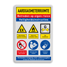 Veiligheidsbord Aardgasmeterruimte met veiligheidsinstructies