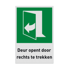 Nooduitgangbord met pictogram en tekst Deur opent door rechts te trekken