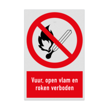 Verbodsbord met pictogram en tekst vuur, open vlam en roken verboden - reflecterend