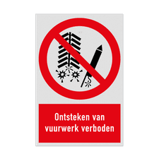 Verbodsbord met pictogram en tekst Ontsteken van vuurwerk verboden