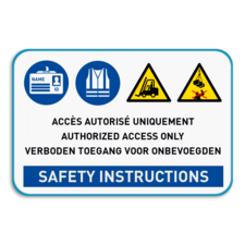 Veiligheidsbord 3 talig met 4 pictogrammen, eigen tekst en SAFETY INSTRUCTIONS