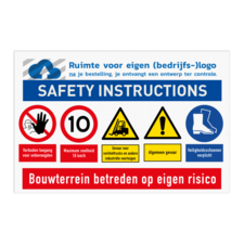 Veiligheidsbord met SAFETY INSTRUCTIONS en bedrijfslogo