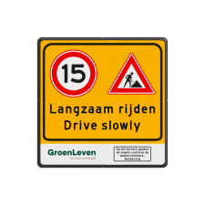 Verkeersbord langzaam rijden wegwerkzaamheden - reflecterend + logo