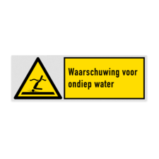 Veiligheidsbord met pictogram en tekst Waarschuwing voor ondiep water