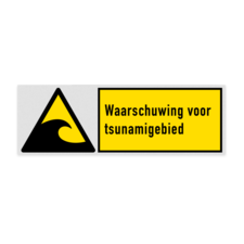 Veiligheidsbord met pictogram en tekst Waarschuwing voor tsunamigebied