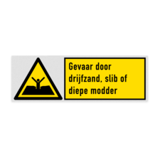 Veiligheidsbord met pictogram en tekst Gevaar voor drijfzand, slib of diepe modder