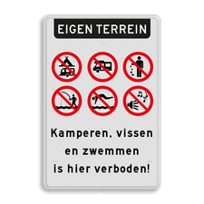 Informatiebord eigen terrein - Camperen en zwemmen verboden - reflecterend