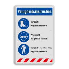 Veiligheidsbord met veiligheidsinstructies voor gehele terrein met 3 gebods pictogrammen