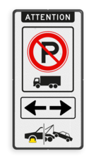 Verkeersbord verboden parkeren vrachtwagens + pijlen - reflecterend