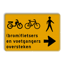 Omleidingsbord - (brom-)fietsers en voetgangers rechts oversteken - Werk in uitvoering