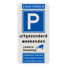 Parkeerbord met pictogram en tekst voor eigen terrein - reflecterend privé terrein, verboden