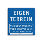 Informatiebord blauw - eigen tekst - verboden toegang Art.461 + logo/beeldmerk