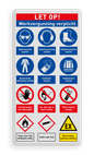 Veiligheidsbord voor betreden terrein met werkvergunning en 12 verschillende pictogrammen