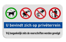 Informatiebord Privéterrein - honden aan de lijn - geen hondepoep - niet plukken - afval opruimen