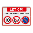 Waarschuwingsbord + verboden roken-parkeren + snelheid