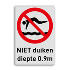 Verbodsbord met tekst en symbool verboden te duiken i.v.m. ondiep water