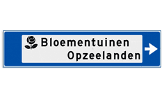 Verwijsbord object (blauw) - met 1 pictogram, 2 regel tekst en pijl