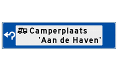 Verwijsbord object (blauw) - met 1 pictogram, 2 regel tekst en pijl