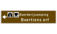 Verwijsbord toeristisch (bruin) - met 2 pictogrammen, 2 regels tekst en pijl