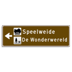 Verwijsbord KOKER Bruin/wit/zwart - pijl links, 2 regelig met 2 pictogrammen - Klasse 3 reflecterend