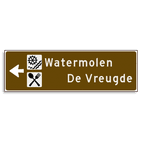 Verwijsbord KOKER Bruin/wit/zwart - pijl links, 2 regelig met 2 pictogrammen - Klasse 3 reflecterend