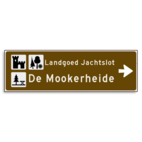 Verwijsbord KOKER Bruin/wit/zwart - pijl rechts, 2 regelig met 3 pictogrammen - Klasse 3 reflecterend