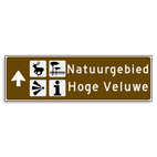 Verwijsbord KOKER Bruin/wit/zwart - pijl links, 2 regelig met 4 pictogrammen - Klasse 3 reflecterend