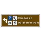 Verwijsbord KOKER Bruin/wit/zwart - pijl links, 2 regelig met 4 pictogrammen - Klasse 3 reflecterend