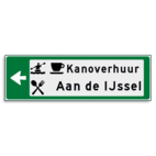 Verwijsbord KOKER Groen/wit/zwart - pijl links, 2 regelig met 3 pictogrammen - Klasse 3 reflecterend